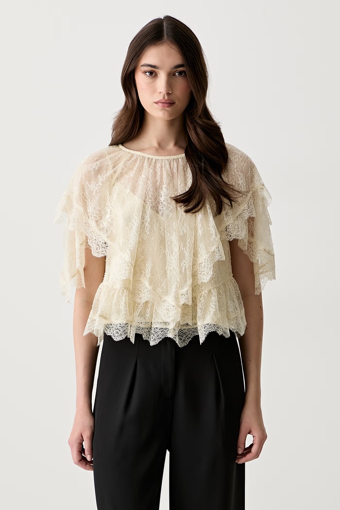 BOSS Orange bluza z volančki ženska čipkasta C_Bennedy bež 50564694
