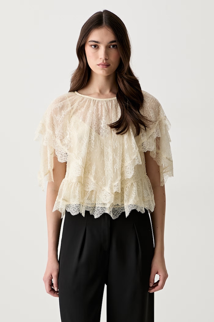 BOSS Orange bluza z volančki ženska čipkasta C_Bennedy bež 50564694