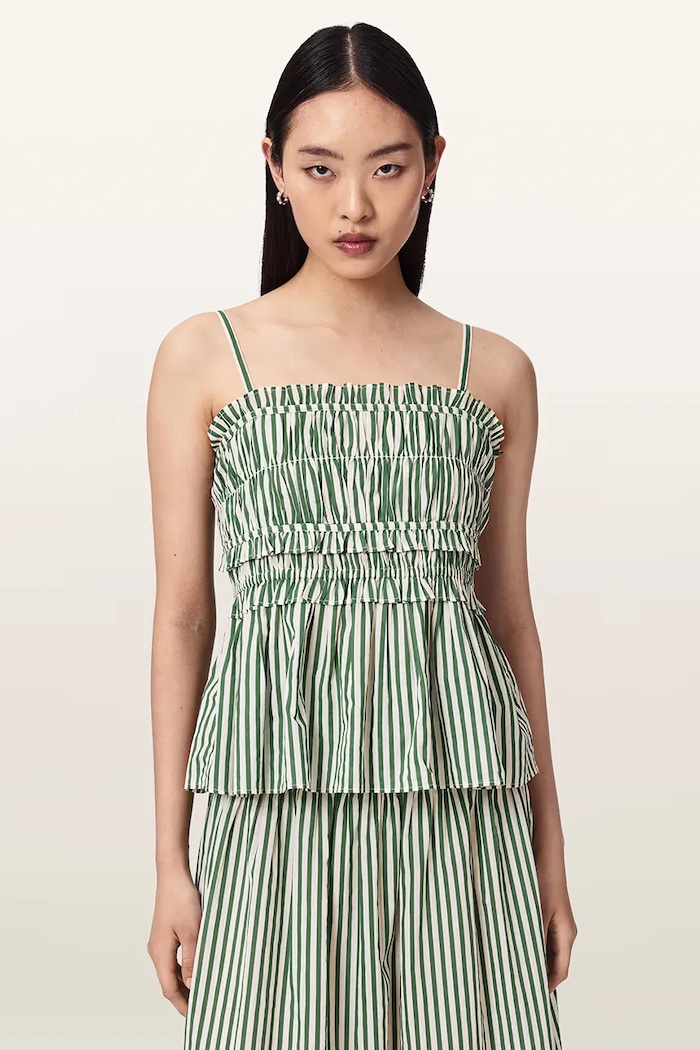 AllSaints bluză cu volane pentru femei, din bumbac KALI verde W089PE