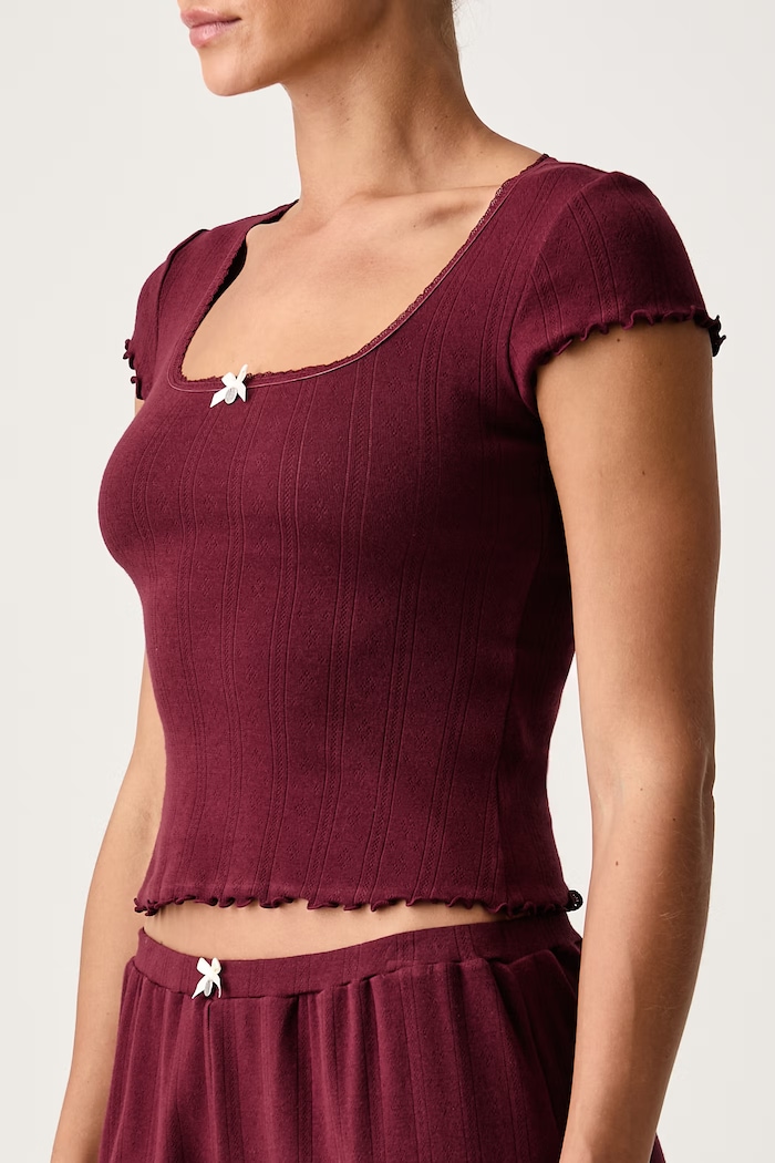 Pijama din două piese pentru femei cu bumbac Karl Lagerfeld burgundia B4W45014