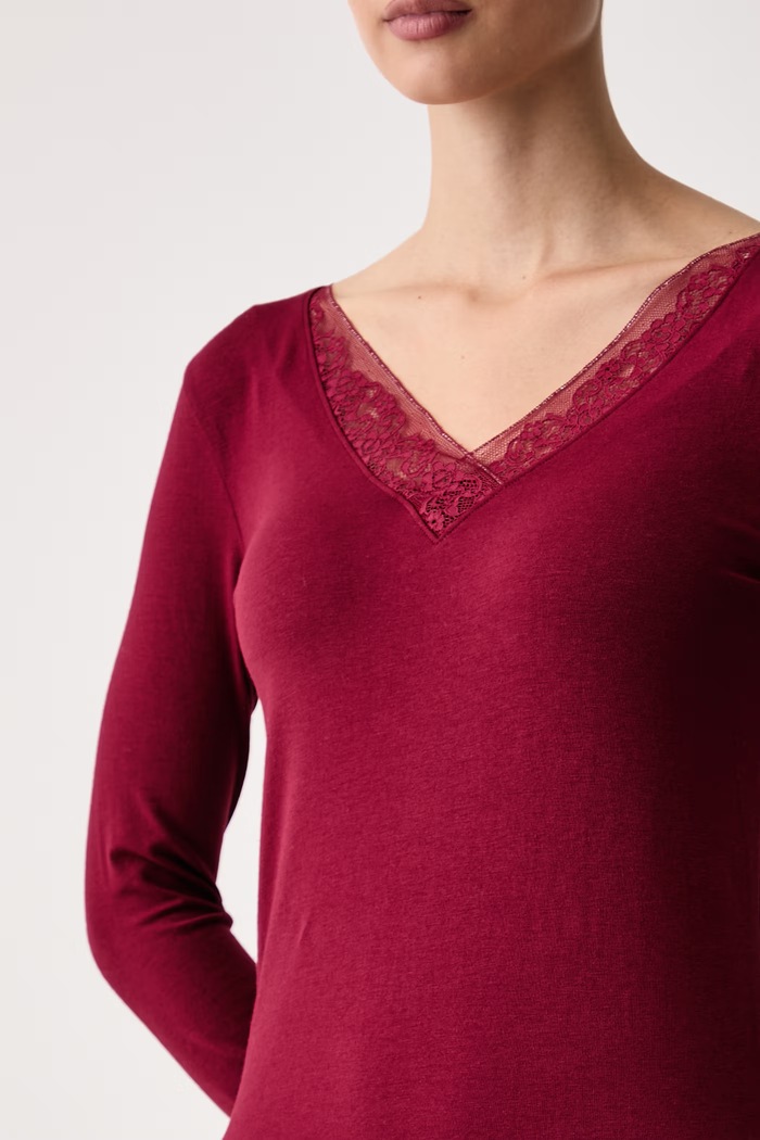 Longsleeve piżamowy damski z bawełną Tommy Hilfiger UW0UW06613 bordowy