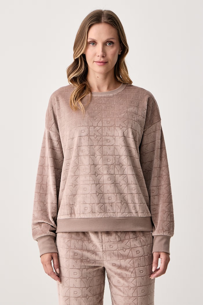 DKNY Piżama dwuczęściowa damska welurowa YI80148 beżowy AW26