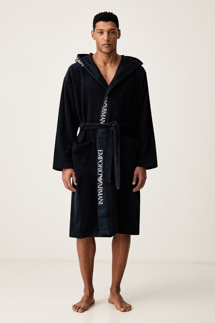 Emporio Armani Underwear Szlafrok z kapturem męski bawełniany granatowy EM002255.AF25032