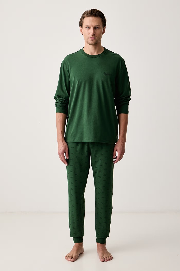 Lacoste Piżama dwuczęściowa męska bawełniana z elastanem zielony 4H9147