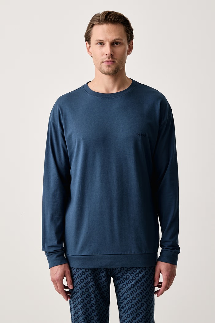 HUGO Dvoudílné pyžamo pánské bavlněné s elastanem ELION LONG SET 50570947 námořnická modř AW26