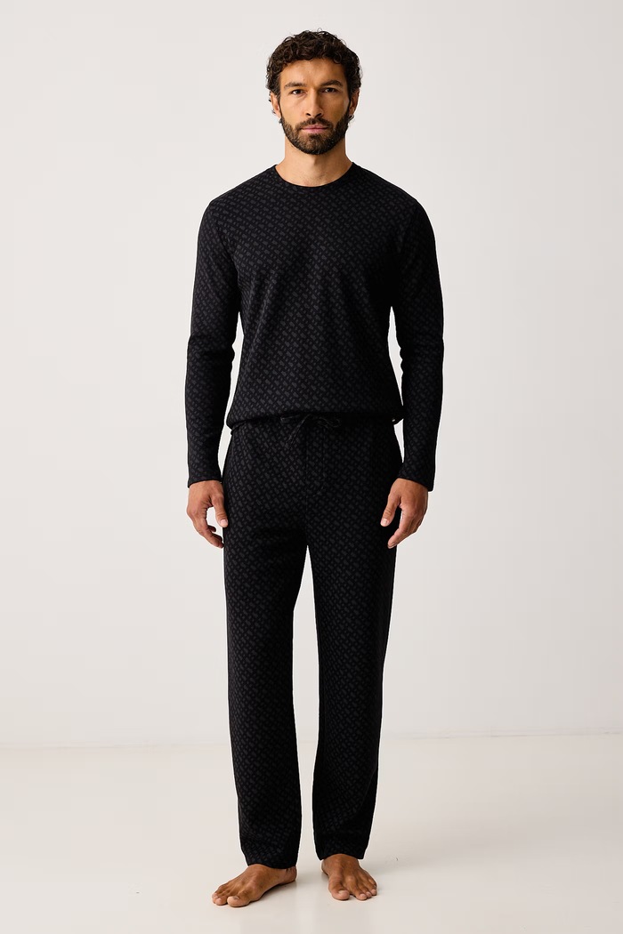 BOSS Zgornji del pižame z dolgimi rokavi moški z bombažem WaffleAOP LS-Shirt 50571392 črna AW26