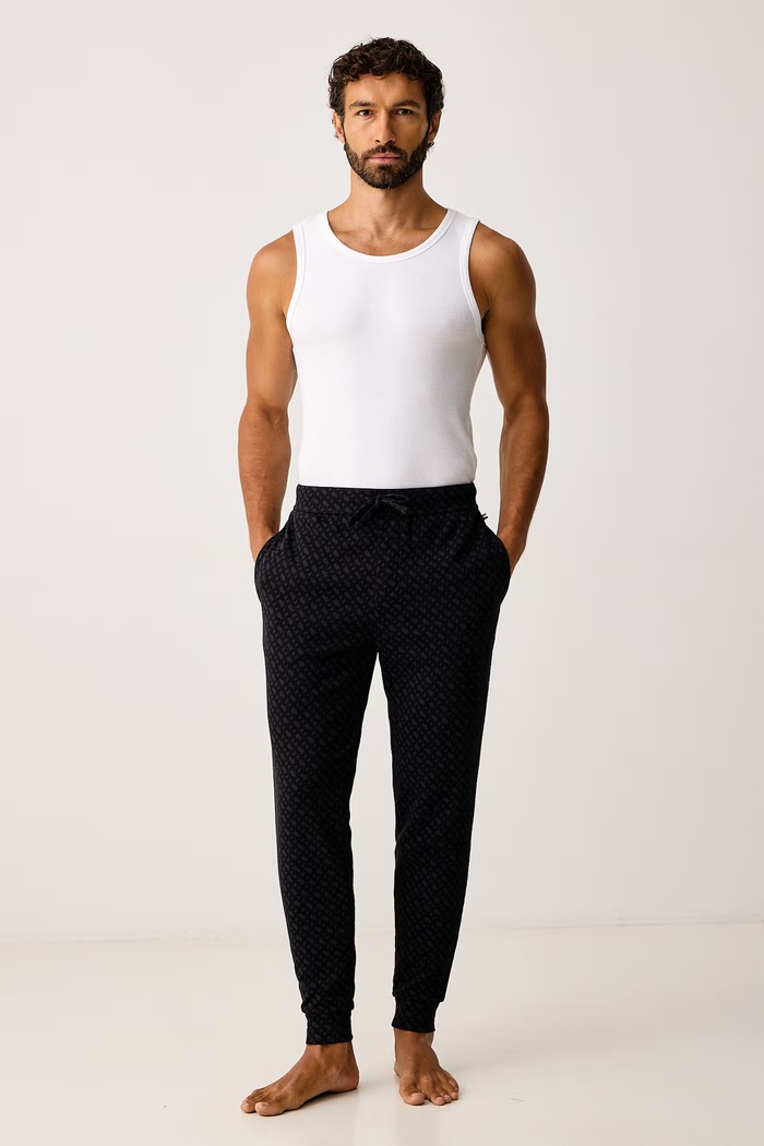 BOSS Spodnji del pižame moški z bombažem WaffleAOP Cuff Pants 50571385 črna AW26