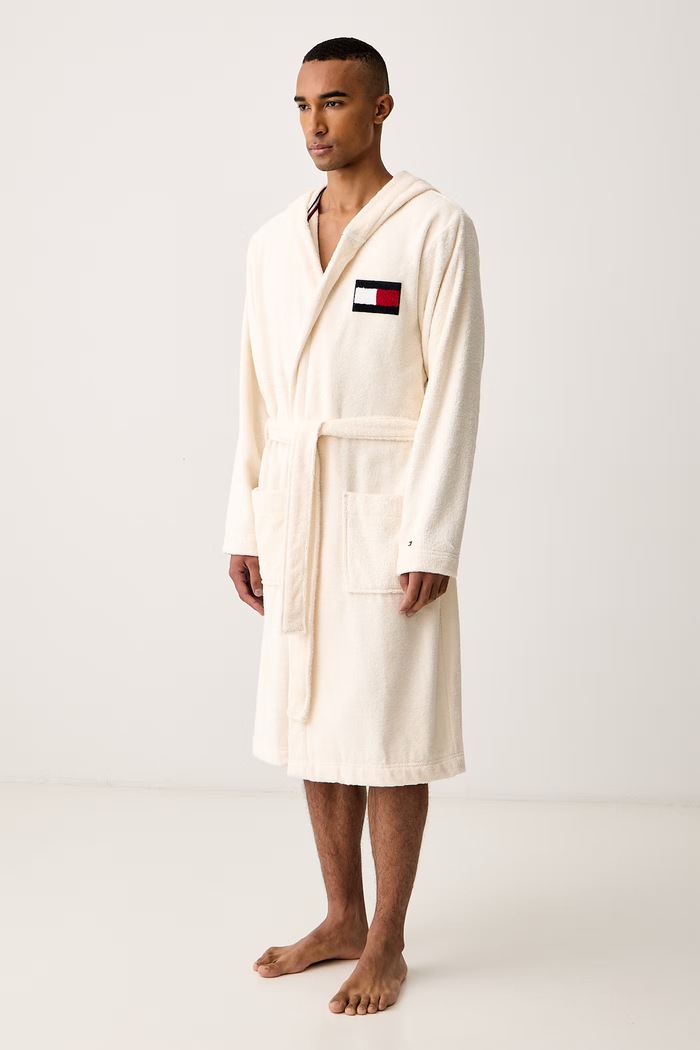Tommy Hilfiger Μπουρνούζι με κουκούλα ανδρικό βαμβακερό UU0UU00123 μπεζ AW26