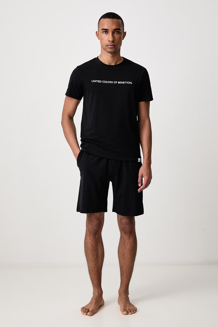 United Colors of Benetton Dvoudílné pyžamo pánské bavlněné s elastanem 3G684P038 černá AW26