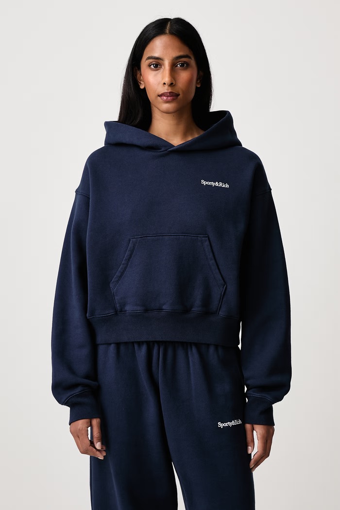 Sporty & Rich Serif Logo bluza z kapturem bawełniana damska granatowy ST10684300BL106