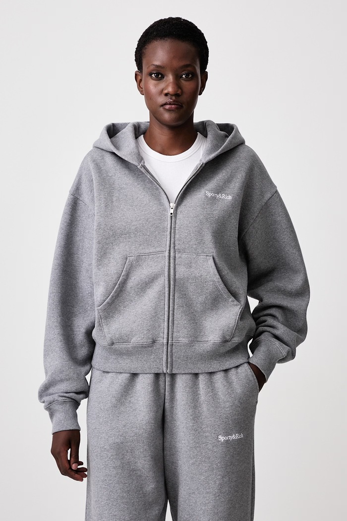 Sporty & Rich Serif Logo rozepínací mikina s kapucí bavlněná dámská šedá ST10284300GY34