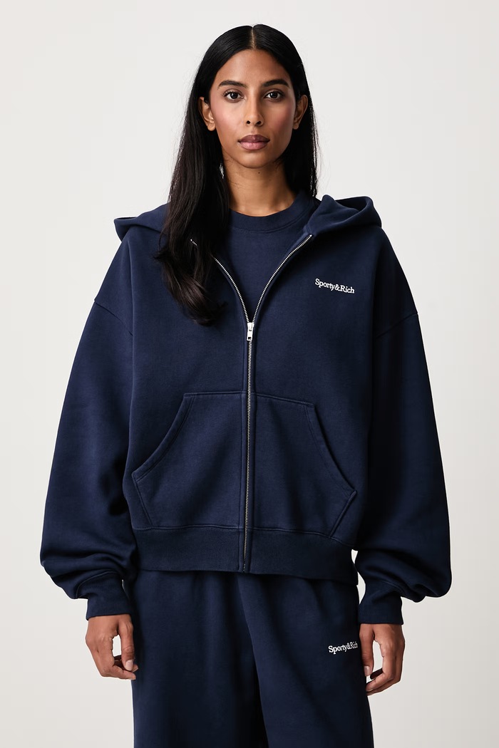 Sporty & Rich Serif Logo bluza rozpinana z kapturem bawełniana damska granatowy ST10284300BL106