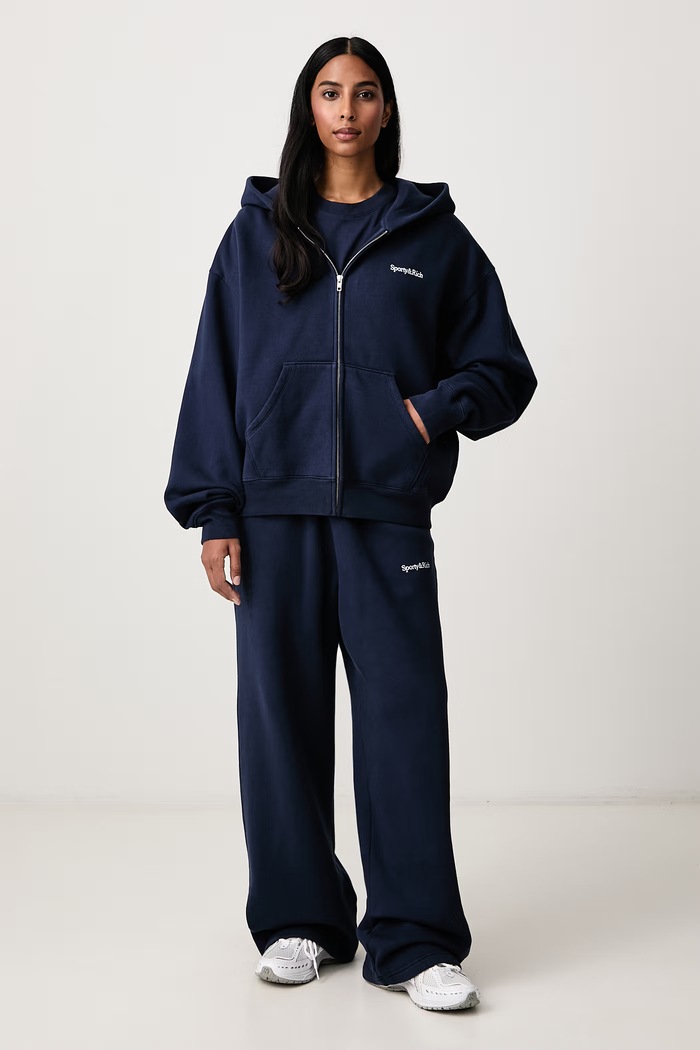 Sporty & Rich Serif Logo bluza rozpinana z kapturem bawełniana damska ST10284300BL106 granatowy AW26