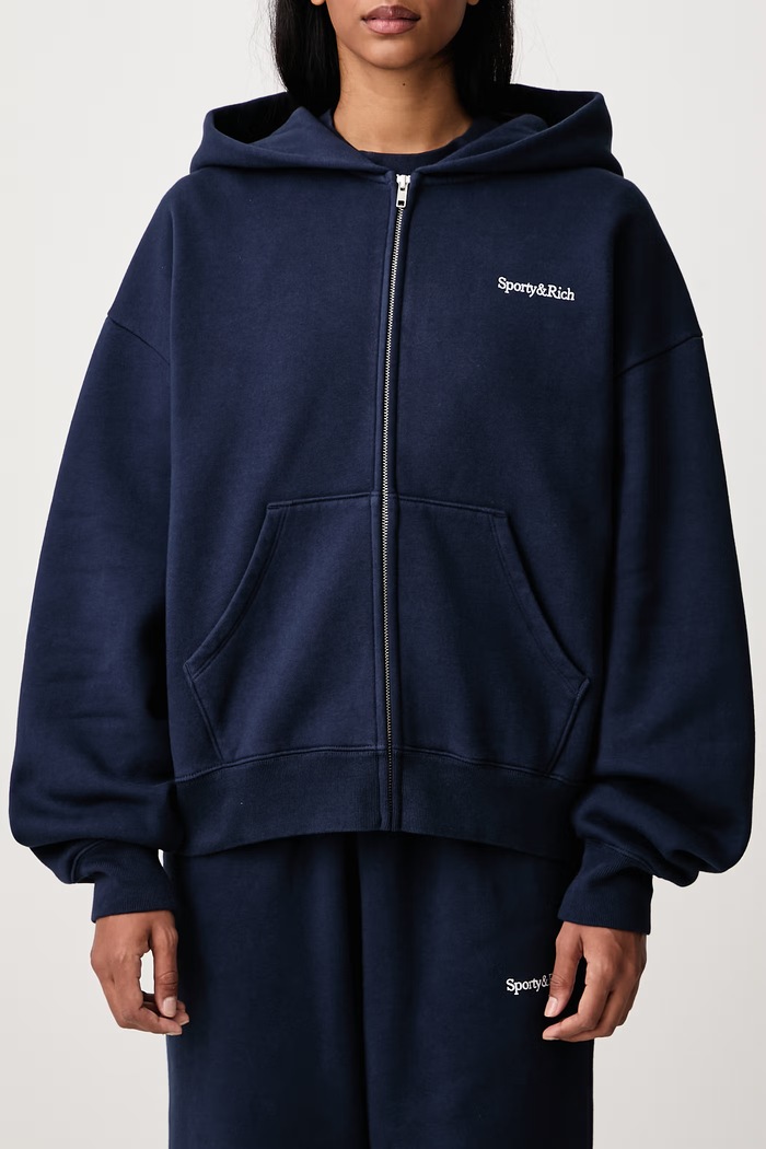 Serif Logo bluza rozpinana z kapturem bawełniana damska Sporty & Rich granatowy ST10284300BL106
