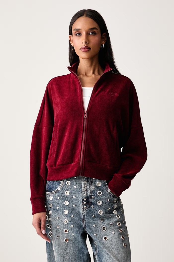 Guess Jeans Mikina dámská manšestrová burgundské W6BQ09.K5544