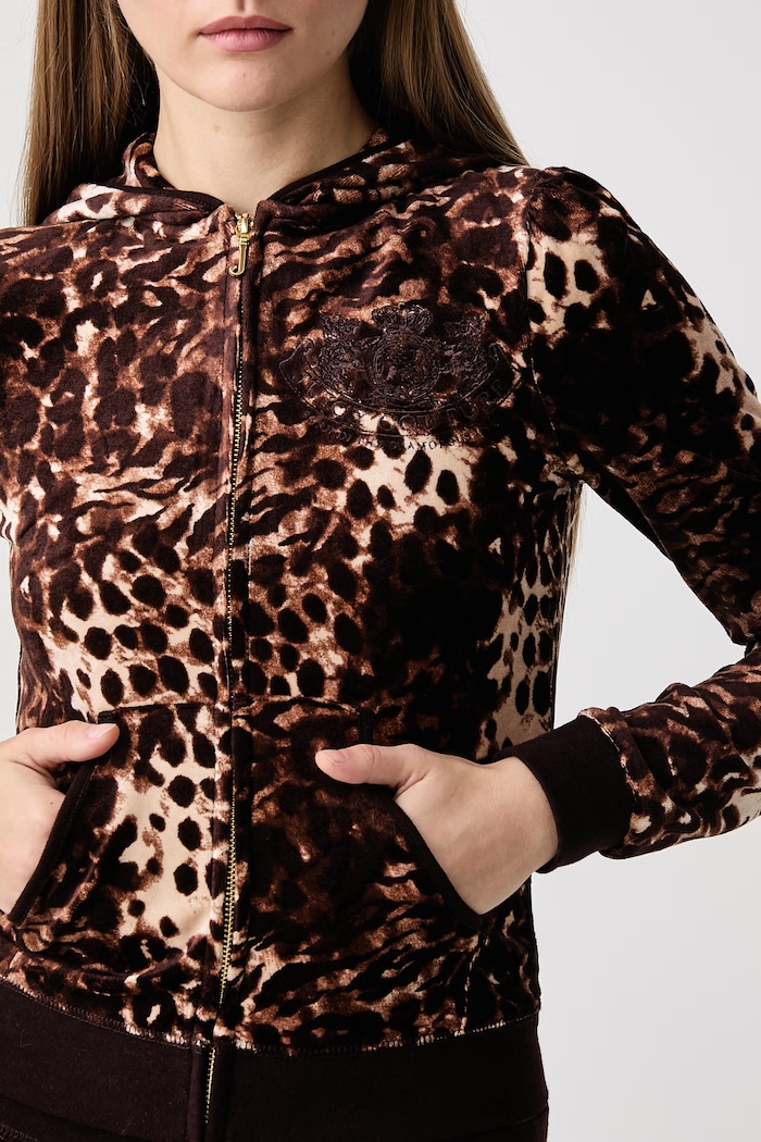 Dukserica na zakopčavanje sa kapuljačom za žene ABSTRACT ANIMAL PUFF SLEEVE ROBYN Juicy Couture JCWAS226338 smeđa