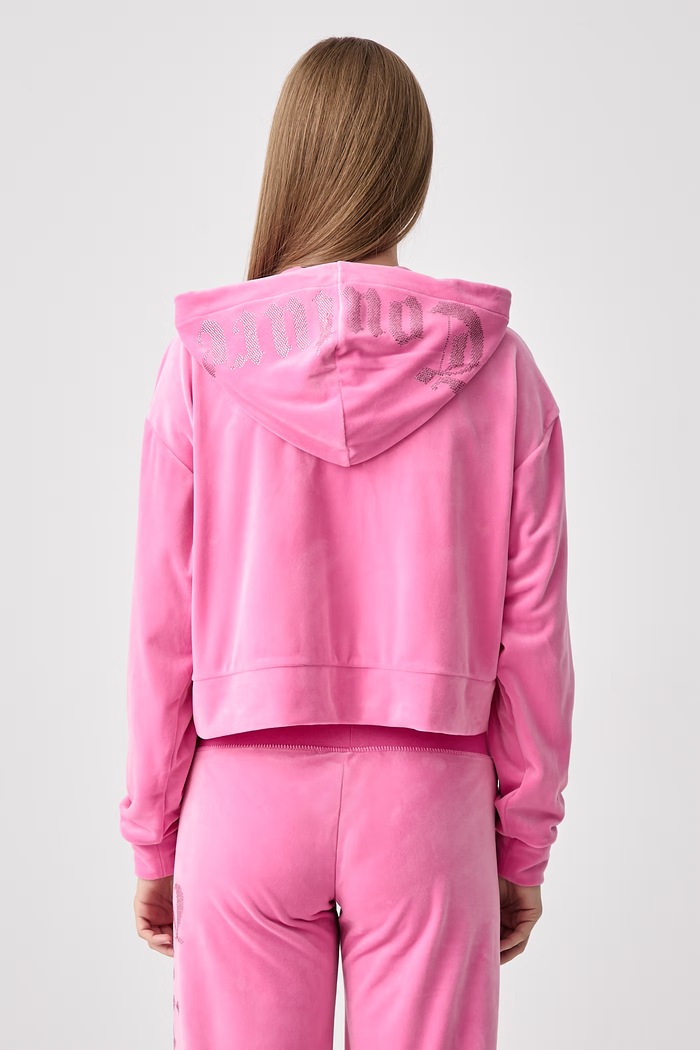 Odzież Juicy Couture Bluza rozpinana z kapturem damska welurowa OLD GOTHIC ICCLE JCWAS226333 różowy