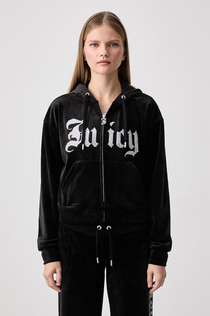 Juicy Couture Bluza rozpinana z kapturem damska welurowa OLD GOTHIC ICCLE czarny JCWAS226333