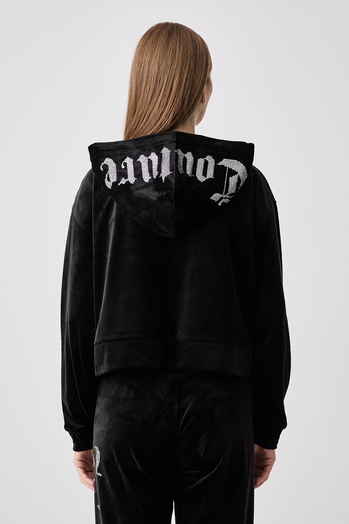 Odzież Juicy Couture Bluza rozpinana z kapturem damska welurowa OLD GOTHIC ICCLE JCWAS226333 czarny
