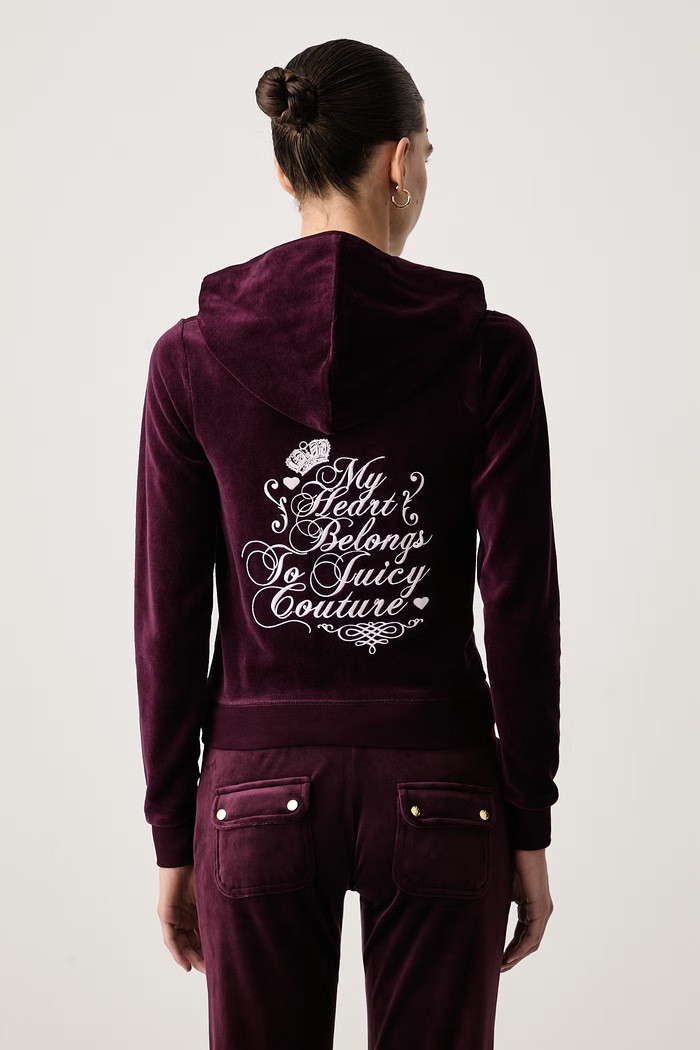 Juicy Couture Felpa con cerniera e cappuccio da donna in velluto SCRIPT REBELLE ROBYN granata JCWAS226318