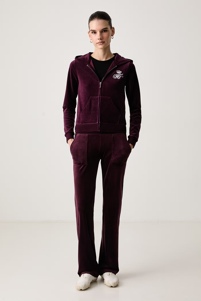 Juicy Couture Felpa con cerniera e cappuccio da donna in velluto SCRIPT REBELLE ROBYN JCWAS226318 granata AW26
