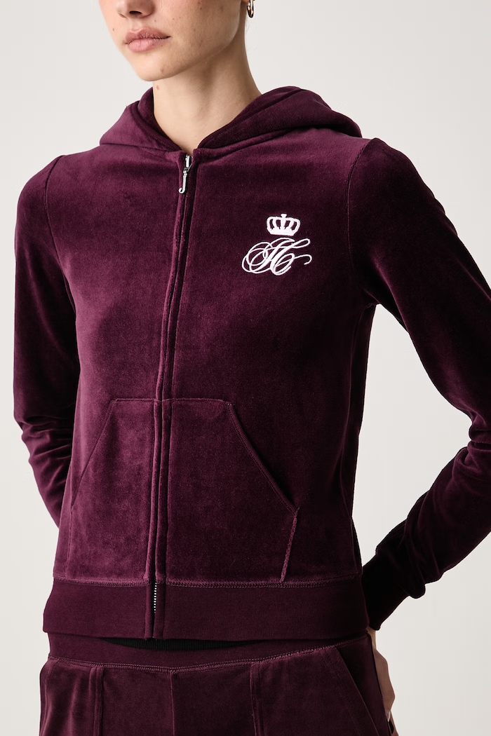 Felpa con cerniera e cappuccio da donna in velluto SCRIPT REBELLE ROBYN Juicy Couture JCWAS226318 granata