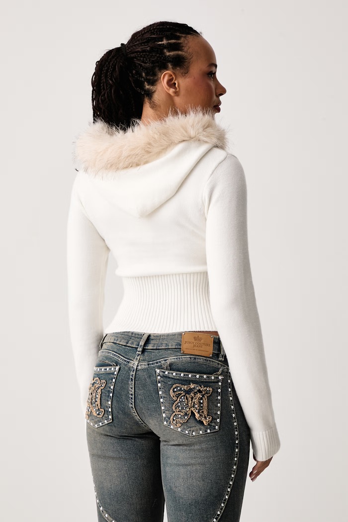 Oblačila Juicy Couture Pulover z zadrgo ženski z viskozo KNIT JUICY DIAMANTE WITH FUR TRIM JCWAS226309 bež