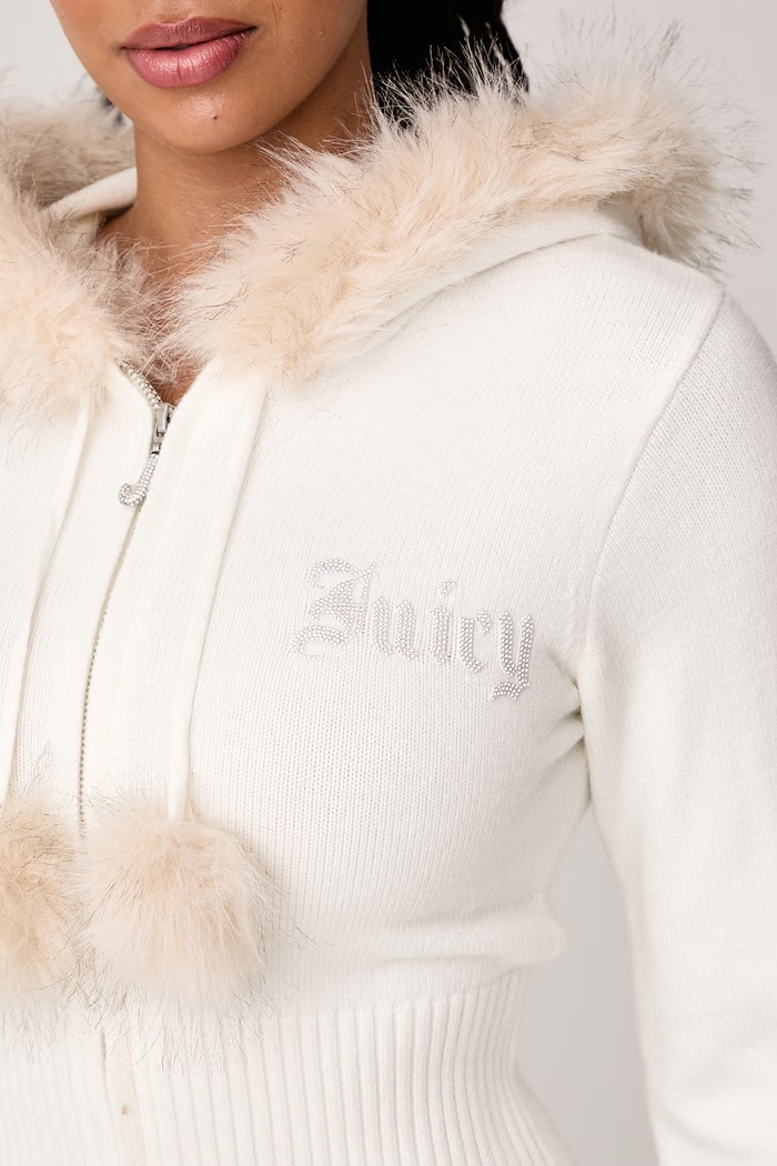 Pulover z zadrgo ženski z viskozo KNIT JUICY DIAMANTE WITH FUR TRIM Juicy Couture JCWAS226309 bež