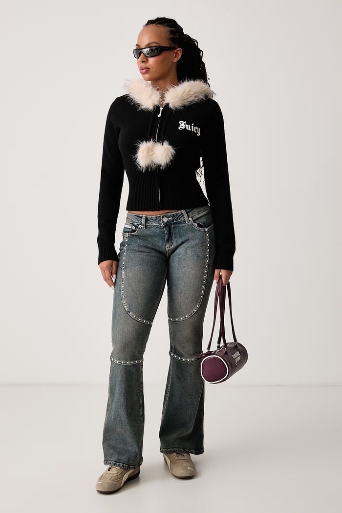 Juicy Couture Pulover z zadrgo ženski z viskozo KNIT JUICY DIAMANTE WITH FUR TRIM JCWAS226309 črna AW26