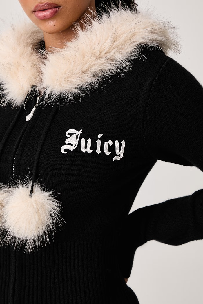 Pulover z zadrgo ženski z viskozo KNIT JUICY DIAMANTE WITH FUR TRIM Juicy Couture JCWAS226309 črna