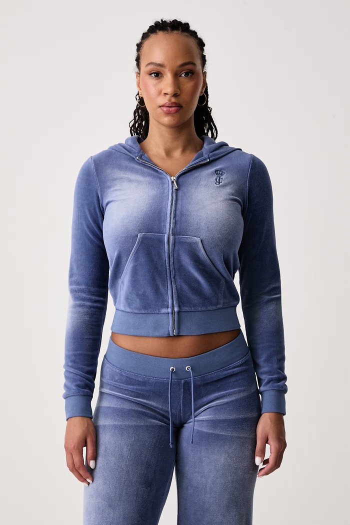 Juicy Couture Bluza rozpinana z kapturem damska z bawełną WASHED ROBYN niebieski JCDIJ126960