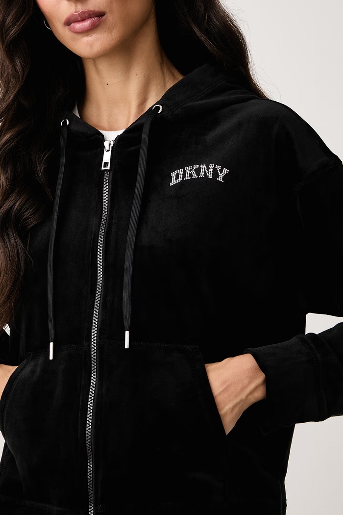 Bluza rozpinana z kapturem damska welurowa DKNY DP6J9750 czarny