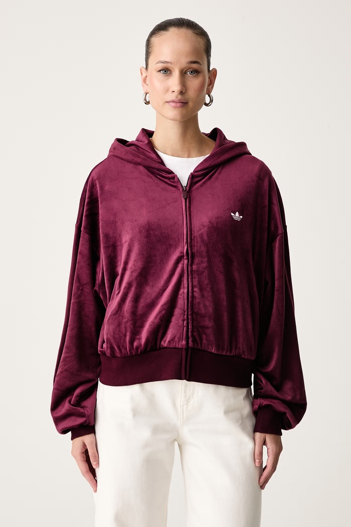 adidas Originals Bluza rozpinana z kapturem damska welurowa Essentials Velour bordowy KQ9252