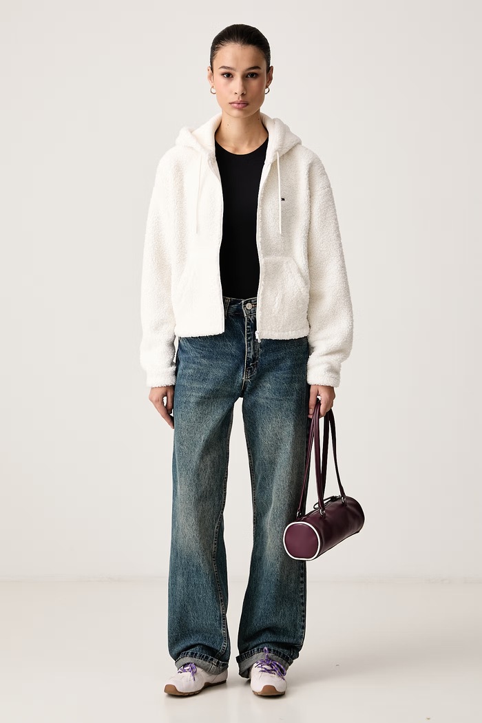 Tommy Jeans Bluza rozpinana z kapturem damska polarowa DW0DW23291 beżowy AW26