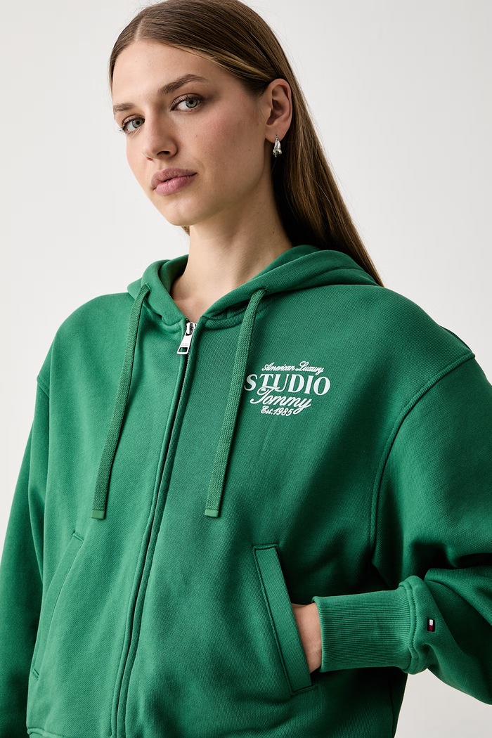 Tommy Hilfiger mikina s kapucí dámská s bavlnou zelená WW0WW51596