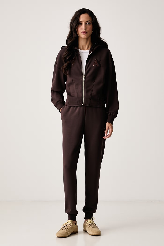 Armani Exchange Hanorac cu fermoar și glugă pentru femei cu vâscoză XW002861.AF13397 maro AW26