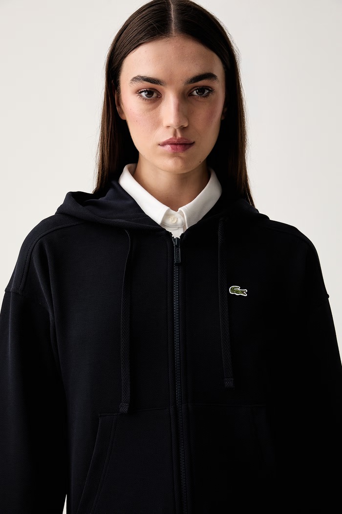 Lacoste bluza rozpinana z kapturem damska z bawełną granatowy SF5272