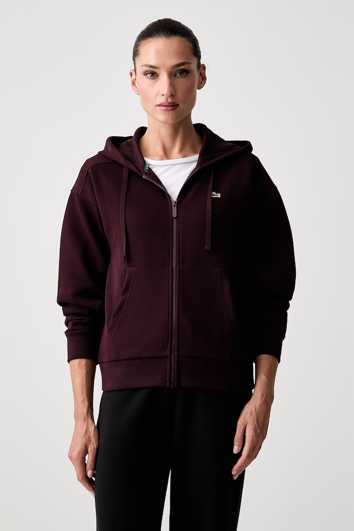 Lacoste bluza rozpinana z kapturem damska z bawełną bordowy SF5272