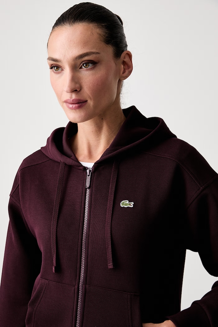 Lacoste bluza rozpinana z kapturem damska z bawełną bordowy SF5272