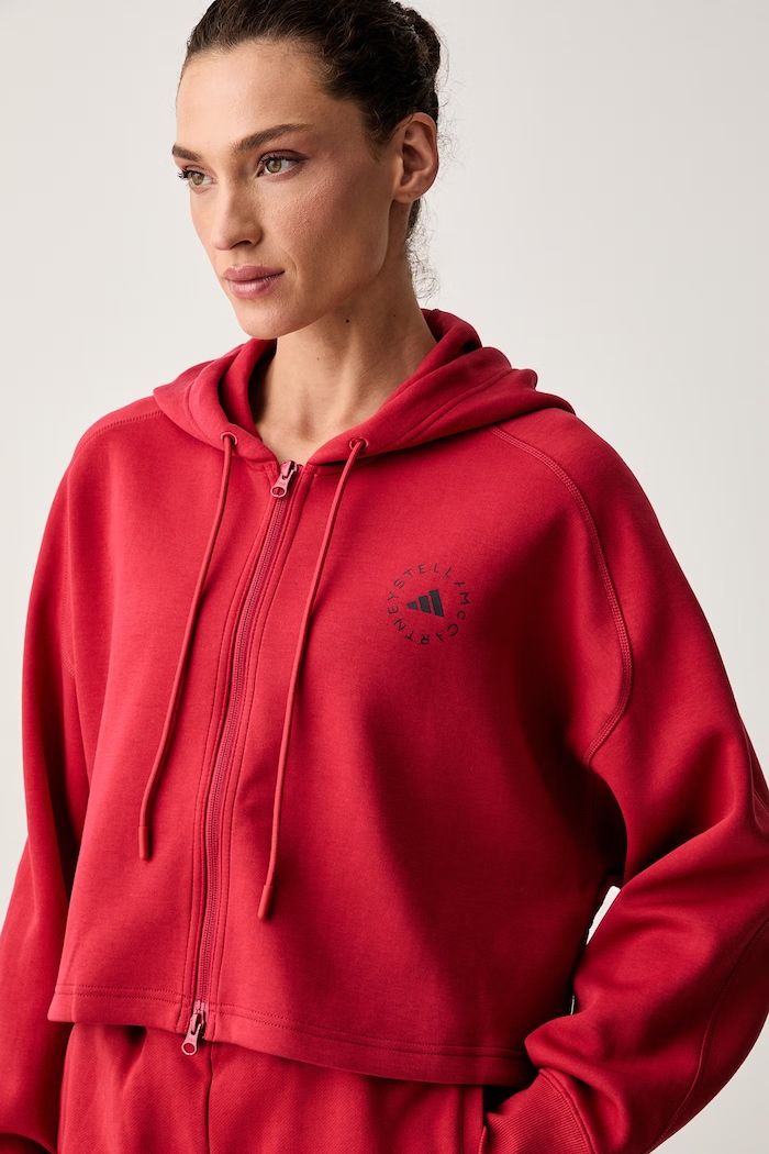 adidas by Stella McCartney bluza rozpinana z kapturem damska z bawełną czerwony KR6288
