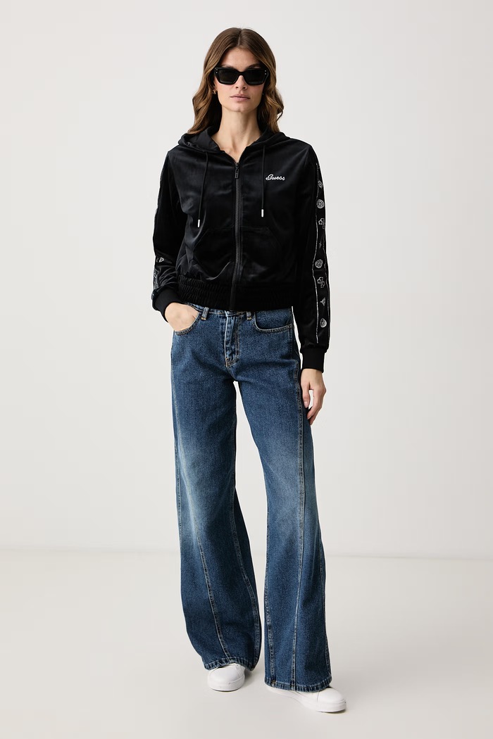 Guess Mikina na zips s kapucňou dámska zamatová AMALIA V6BQ07.K6301 čierna AW26