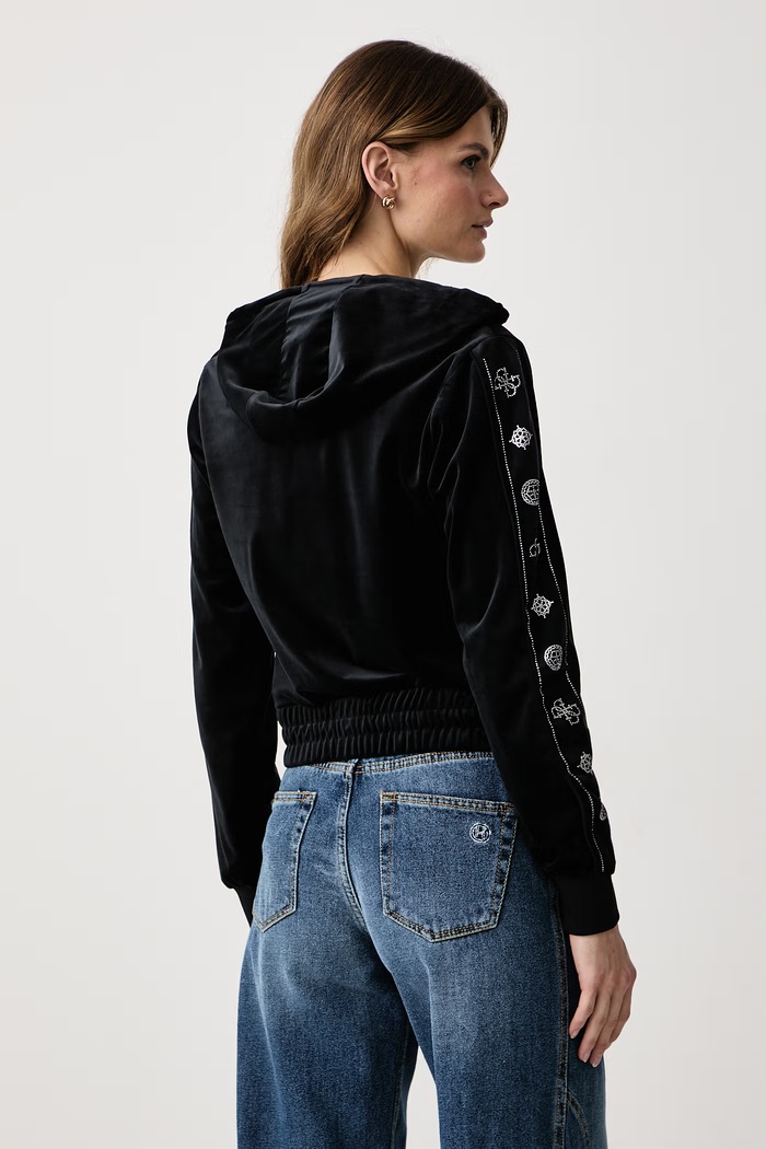 Odzież Guess Bluza rozpinana z kapturem damska welurowa AMALIA V6BQ07.K6301 czarny
