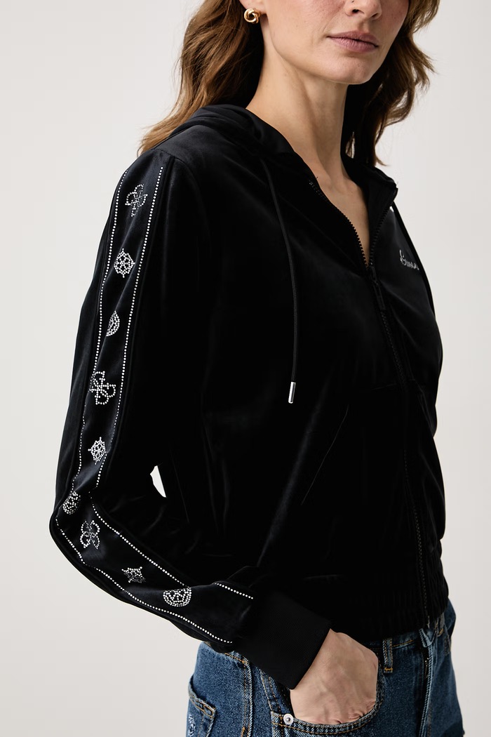Bluza rozpinana z kapturem damska welurowa AMALIA Guess V6BQ07.K6301 czarny