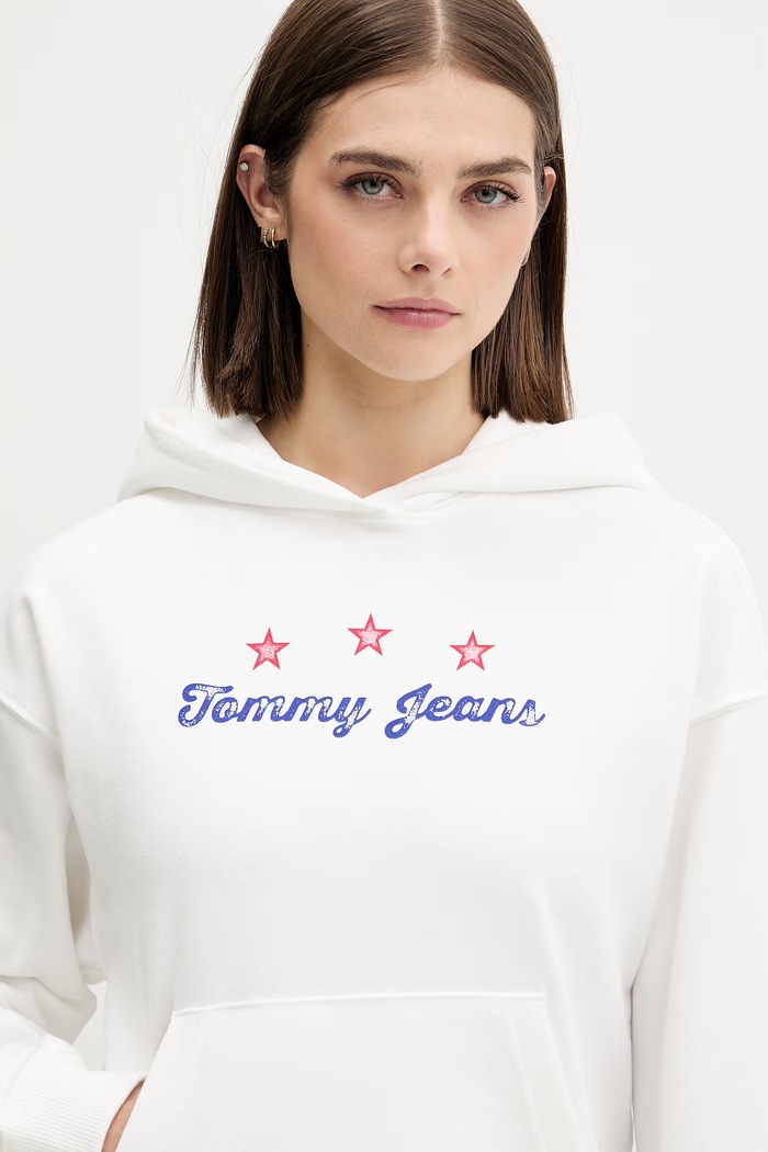 Tommy Jeans μπλούζα με κουκούλα γυναικεία βαμβακερή λευκό DW0DW23484