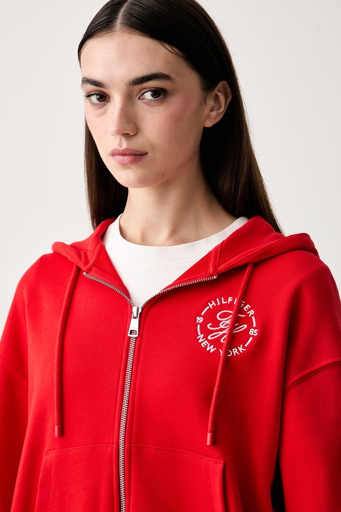 Tommy Hilfiger bluza rozpinana z kapturem damska bawełniana czerwony WW0WW50938