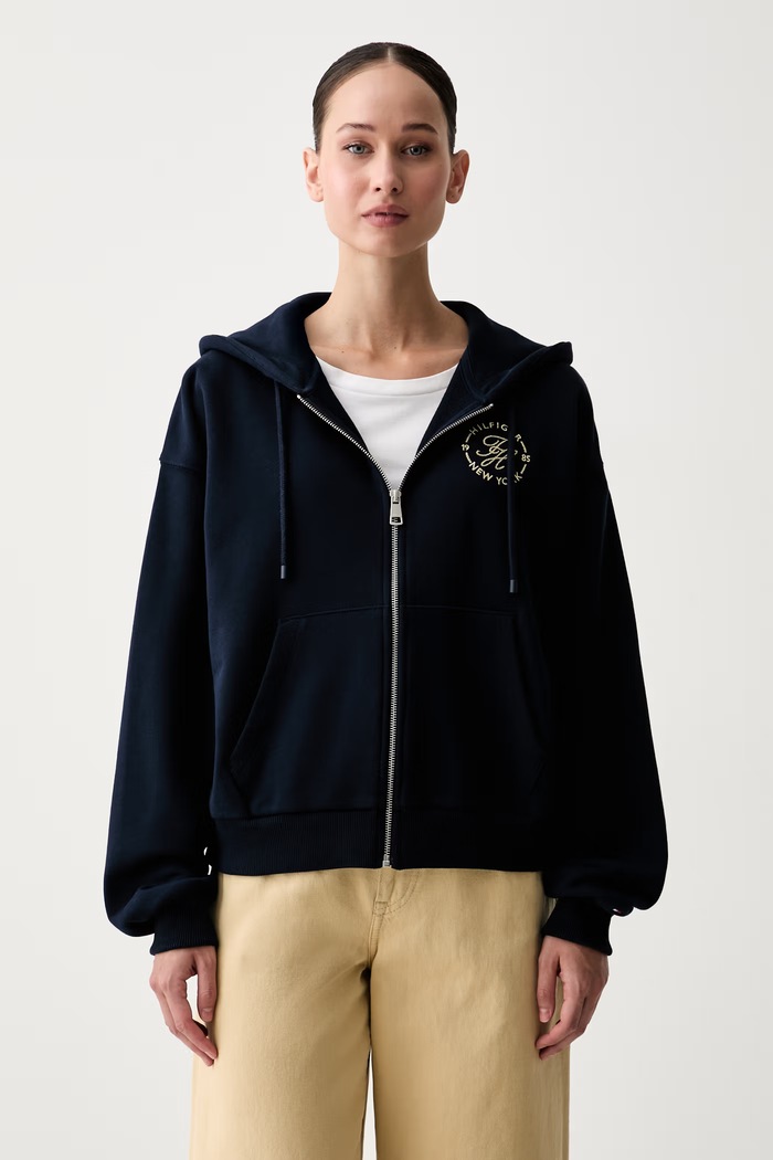 Tommy Hilfiger суичър с цип и качулка дамски от памук тъмносин WW0WW50938
