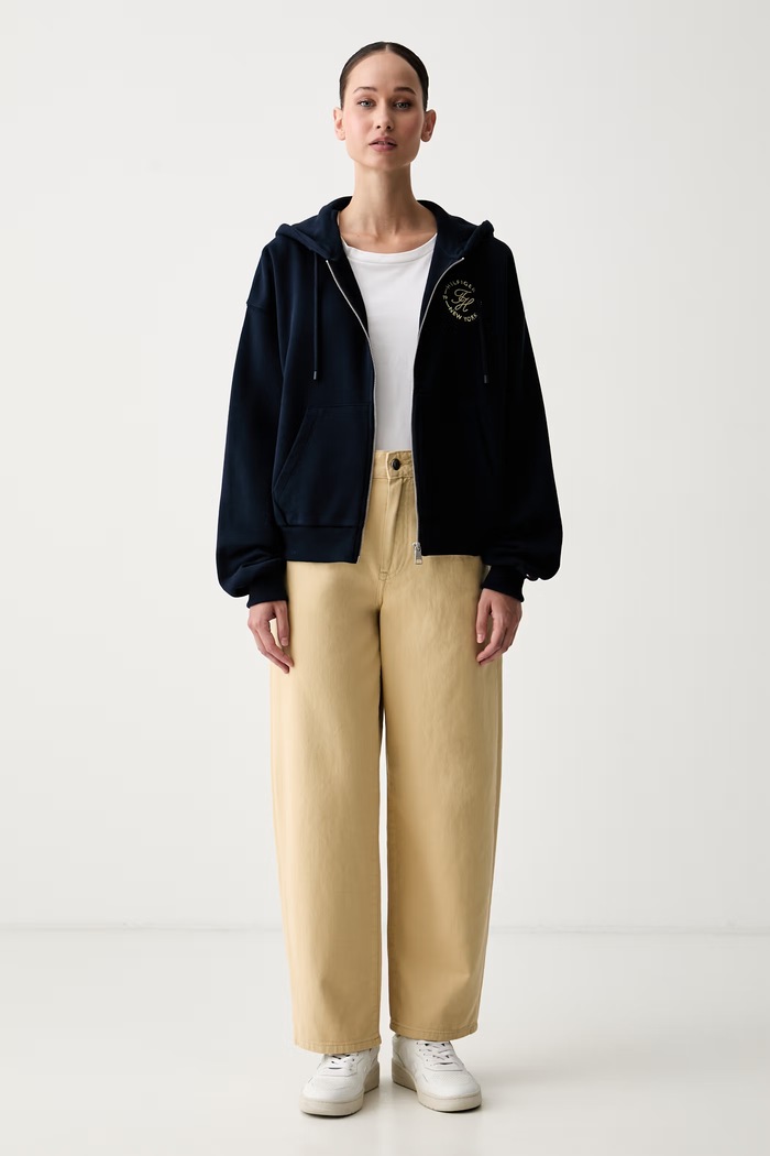 Tommy Hilfiger суичър с цип и качулка дамски от памук WW0WW50938 тъмносин AW26