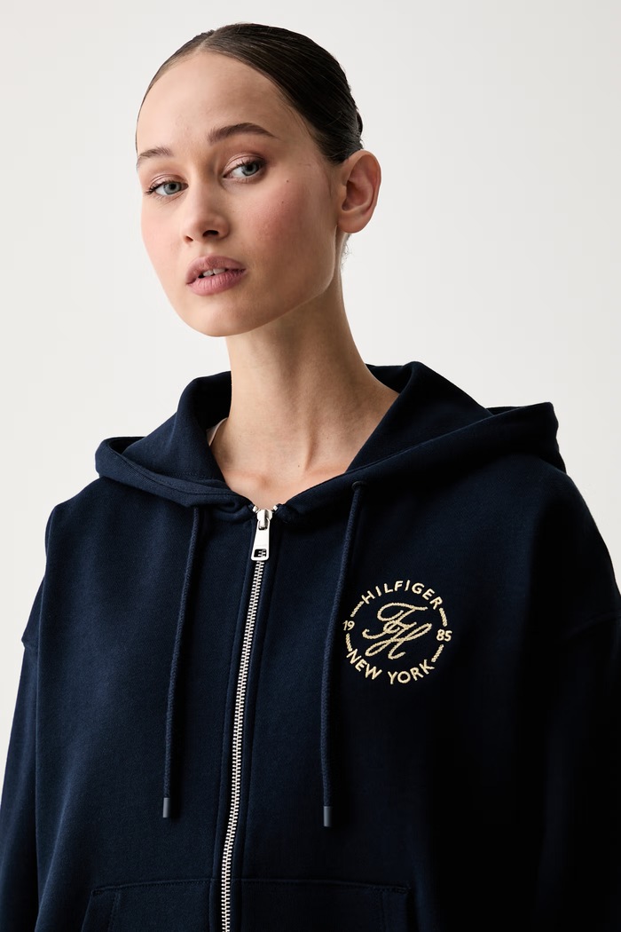 Tommy Hilfiger суичър с цип и качулка дамски от памук тъмносин WW0WW50938