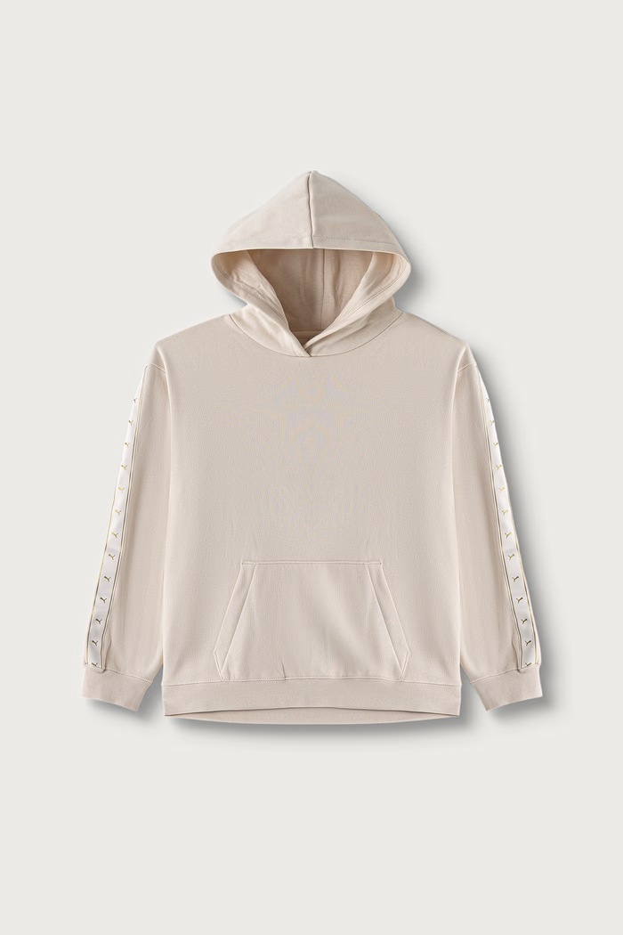 Puma bluza z kapturem dziecięca z bawełną ESS TAPE Relaxed Hoodie beżowy 694958.9BY2