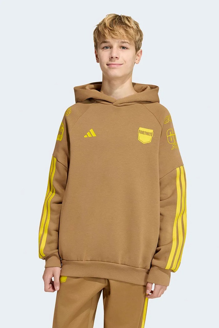 adidas bluza z kapturem dziecięca z bawełną FORTNITE brązowy KR1751